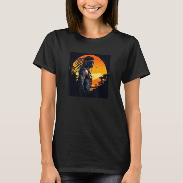T-shirt Native American Day Warrior Sunset Retro For Boys  (Devant)