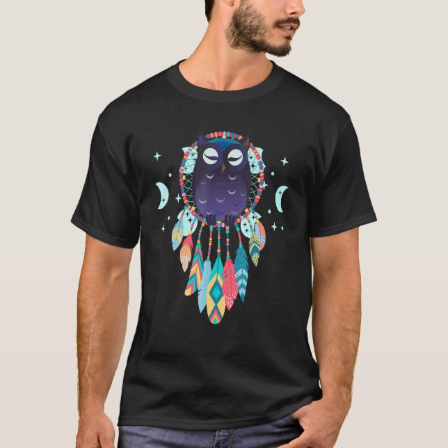 T-shirt Native American Moon Dreamcatcher Owl Spiritual Dr (Devant)