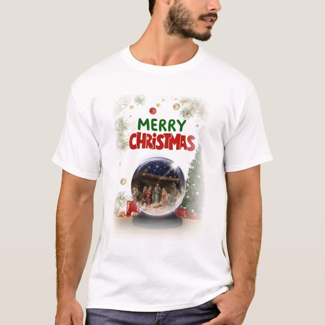 T-shirt Nativity Scene in Christmas Snow Globe (Devant)