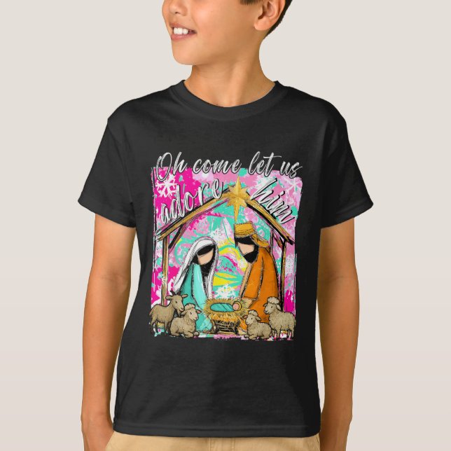 T-shirt Nativity Scene Oh Come Let Us Adore Him Christmas  (Devant)