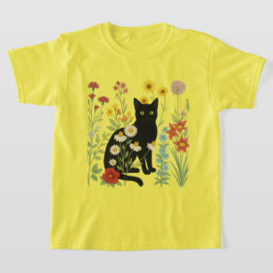T-shirt Nature botanique – Chat noir dans un jardin de fle