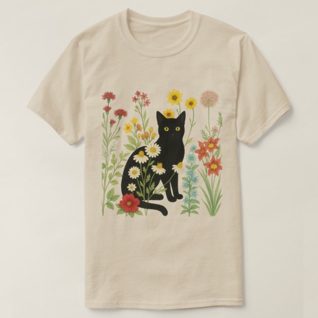 T-shirt Nature botanique – Chat noir dans un jardin de fle (Design devant)