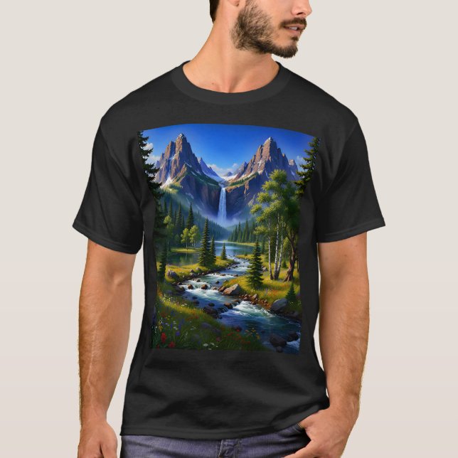 T-shirt Nature Mountains Waterfall River Trees Flowers (Devant)
