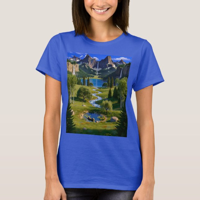 T-shirt Nature Scene Mountains Waterfalls Lake Stream Pond (Devant)