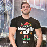 T-shirt Naughty elf family matching christmas outfit name<br><div class="desc">Get into the holiday spirit with this humorous Naughty elf t-shirt which is part of a matching family elf outfit collection containing gifts for any member of the family. Perfect for any Christmas family reunion, this t-shirt features a cute elf hat and fun legs, with the caption "Naughty elf" in...</div>