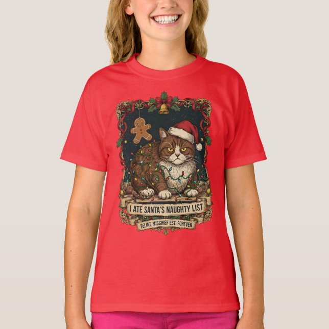 T-shirt "Naughty List" Cat Christmas Humor. (Devant)