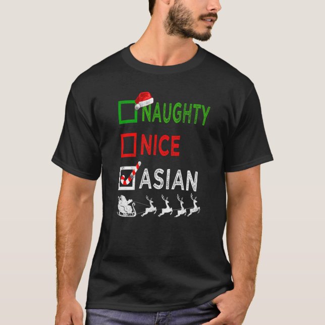 T-shirt Naughty Nice asiatique Pyjamas de Noël Santa Hat X (Devant)