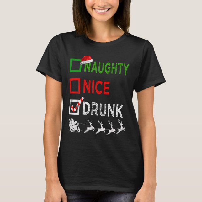 T-shirt Naughty Nice Drunk Pajamas de Noël Drôle Père Noël (Devant)