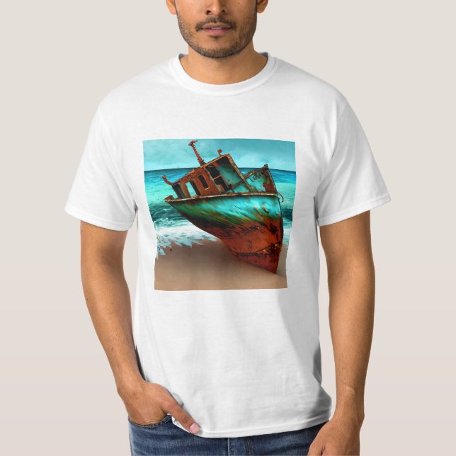 T-shirt Navire abandonné sur une plage de sable (Devant)
