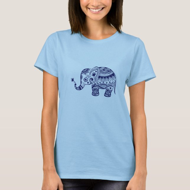 T-shirt Navy Blue Tones Cute Flower Elephant (Devant)