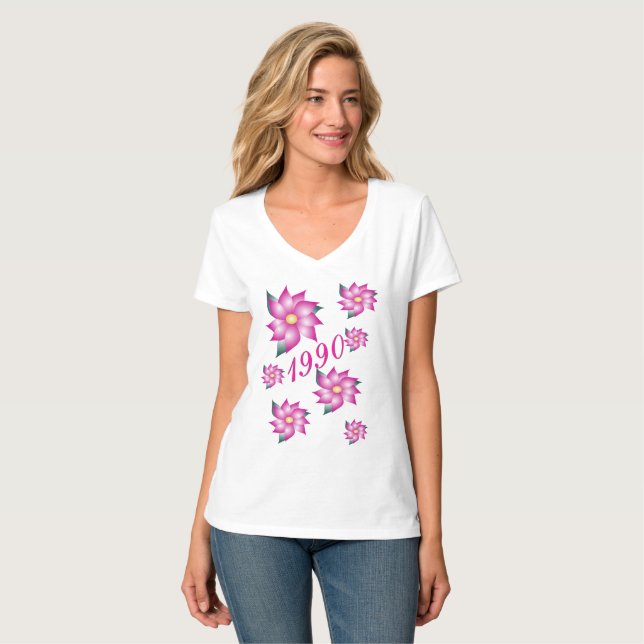 T-shirt Né 1990  Tee-Shirt Fleur Rose (Devant entier)