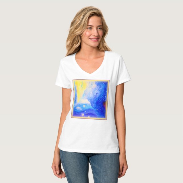 T-shirt Nebula Stars Bleu, Jaune et Lait Blanc. Commandez  (Devant entier)