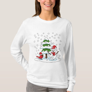 T-shirt Neige tombant sur Cardinal, Snowman et Pine Tree