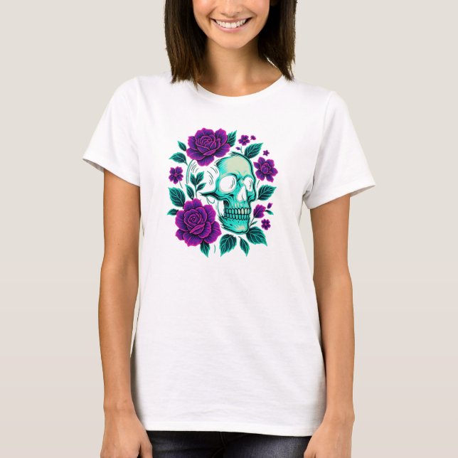 T-shirt Neon Bloom – Crâne dans les Roses (Devant)
