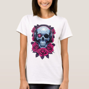 T-shirt Neon Cyber-mort crâne et Rose blanc
