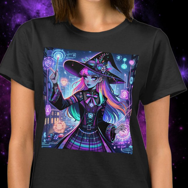T-shirt Neon Cyberpunk Tech Witch - Futuristic Art Design (cyberpunk, witch, tech, cyber, wiccan, pagan, neon, media, synthwave, t-shirt, tee, gift, teen)