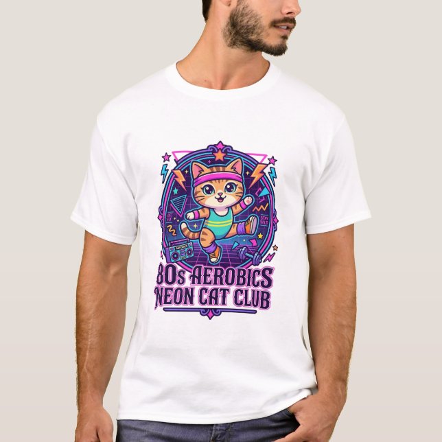 T-shirt Néon de chat aérobic des années 80 - Conception dr (Devant)