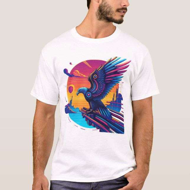 T-Shirt Neon Eagle Synthwave Rétro Coucher de Sole (Devant)