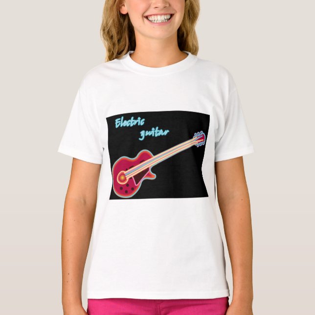 T-shirt Neon Electric Guitar Retro 80s Rock Music (Devant)