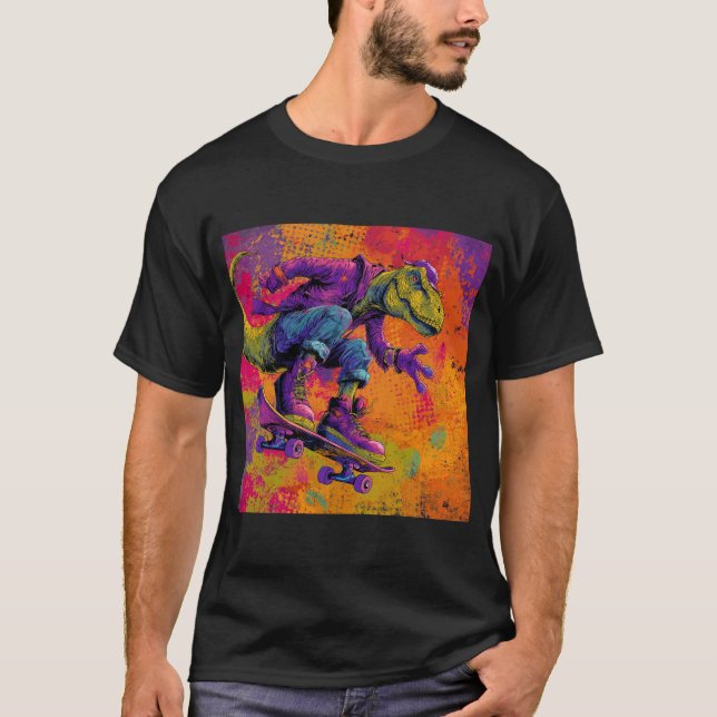 T-shirt Neon Graffiti T-Rex Skate Trick (Devant)