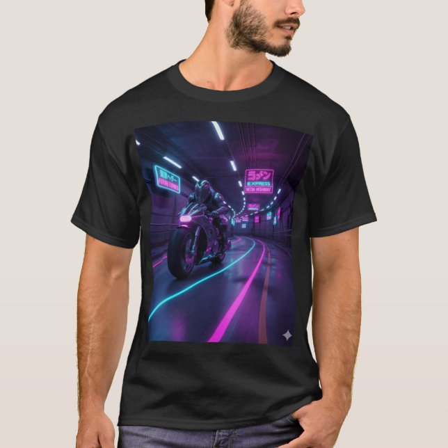 T-shirt Neon Highway Rider | Cyberpunk Motorcycle Art  (Devant)