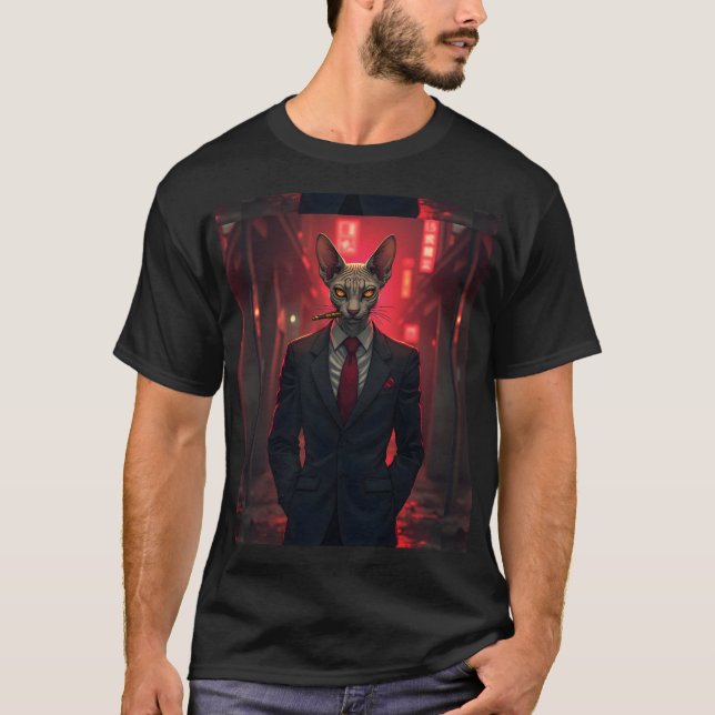 T-shirt Neon Noir Sphynx Cat in Mafia Style (Devant)
