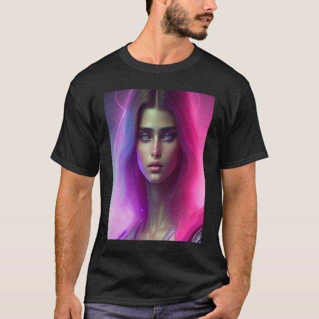 T-shirt Neon rose Vibrant Femme Cheveux pourpres look Wavy (Devant)