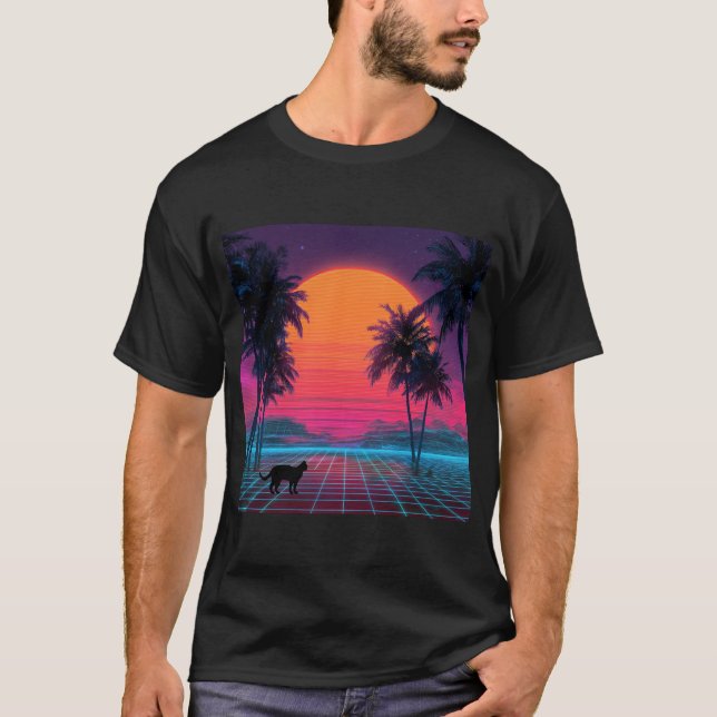 T-shirt Neon Sunset Cat on Cyber Shore (Devant)