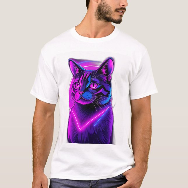 T-shirt Neon Synthwave Cat Art (Devant)
