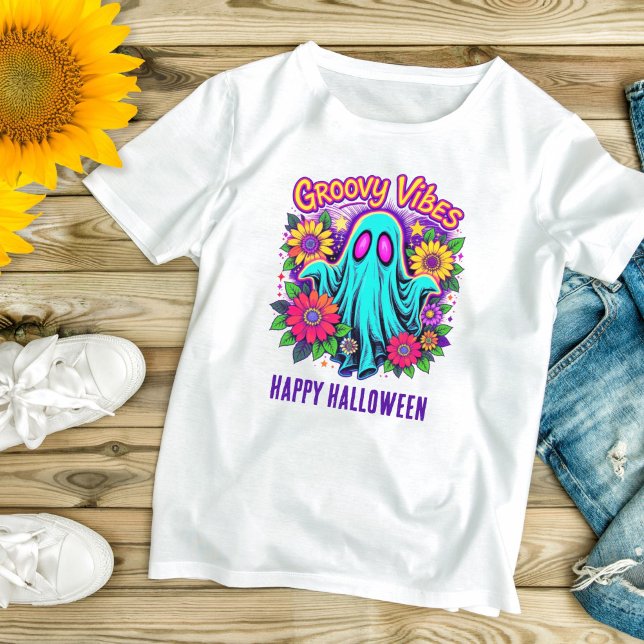 T-shirt Neon tendance Floral Retro Ghost Super Halloween (Neon Colors Florals Groovy Vibes Halloween Ghost T-shirt for her. Available in many colors  sizes)