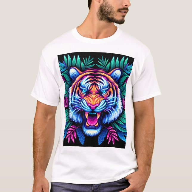 T-shirt Neon Tiger et feuilles de la jungle (Devant)