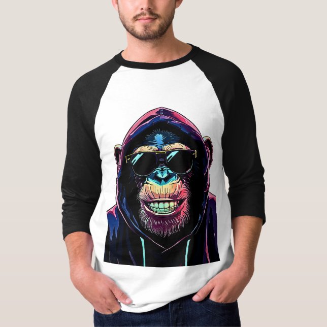 T-shirt Neon Vibe – Stylish Chimpanzee in Hoodie and Sungl (Devant)