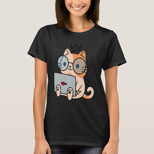 T-shirt Nerd Ca  Chat Travaillant Avec Ordinateur Portable (Devant)