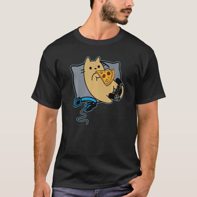 T-shirt Nerdy Pizza Eating Gamer Cat Game Paused (Devant)