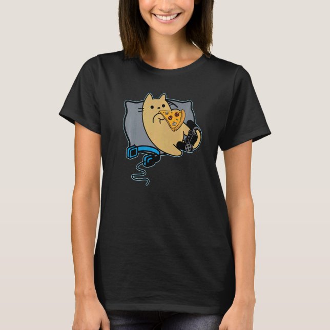 T-shirt Nerdy Pizza Eating Gamer Cat Game Paused (Devant)