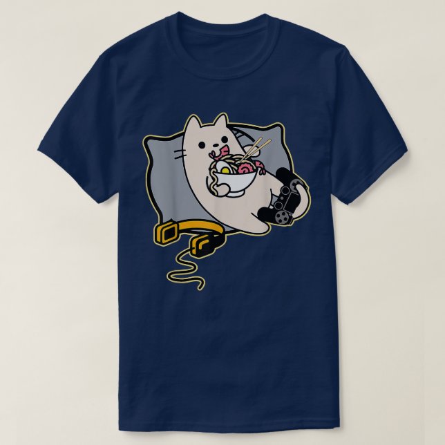 T-shirt Nerdy Ramen Eating Gamer Cat Game Paused  (Design devant)