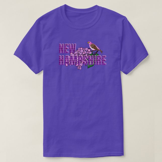 T-shirt New Hampshire State Symbols Purple Finch & Lilacs (Design devant)