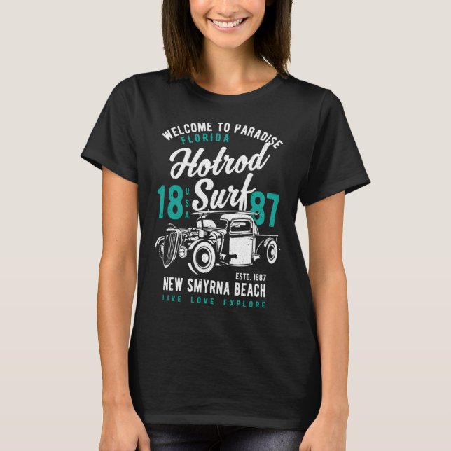 T-shirt New Smyrna Beach Florida Retro Hotrod Surf Distres (Devant)