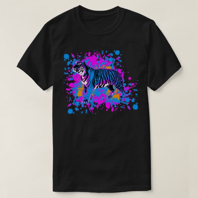 T-shirt New Wave 80s Retro Blue Tiger Paint Splatter (Design devant)