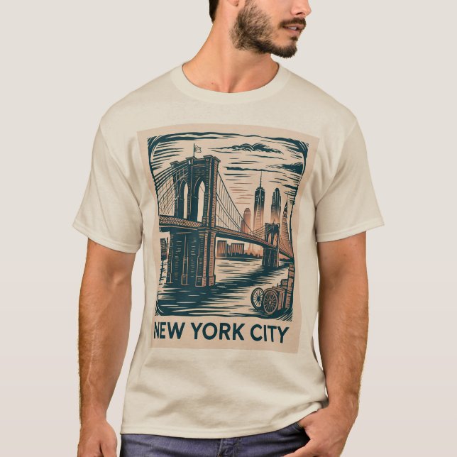 T-shirt New York City Brooklyn Bridge Bold Retro Skyline (Devant)
