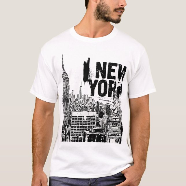 T-shirt New York City Skyline - Black & White Strewear T (Devant)