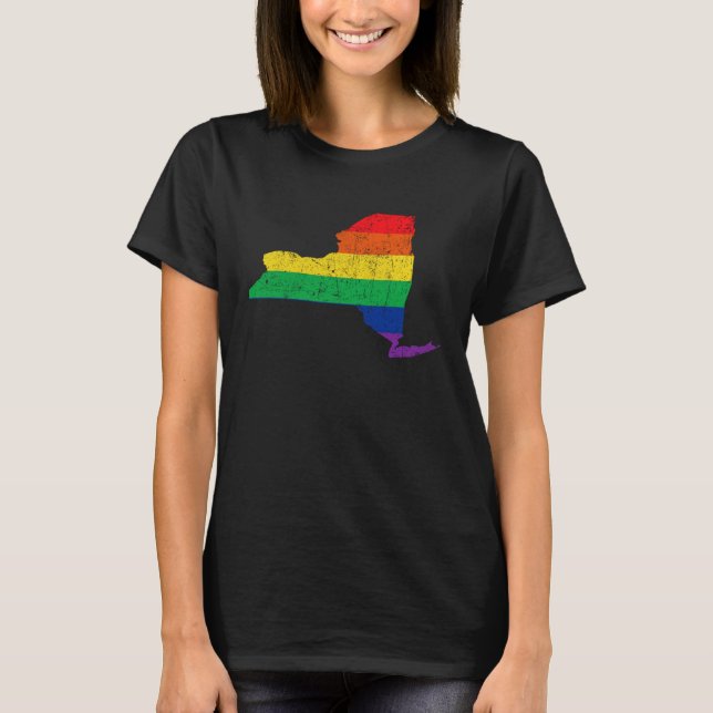 T-shirt New York Pride Rainbow Flag Map Gay Lesbian LGBT S (Devant)