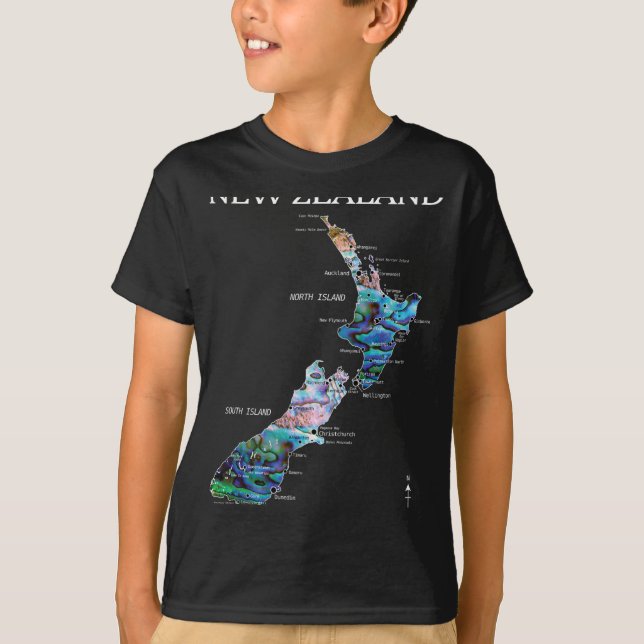 T-shirt New Zealand Kiwi Detailed Map  (Devant)