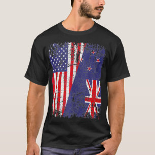 T-shirt NEW ZEALAND ROOTS Half American Flag KIWI FLAG