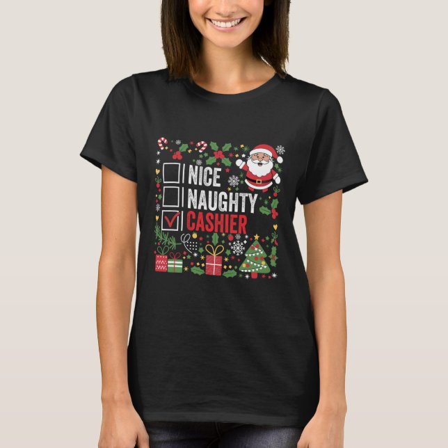T-shirt Nice Naughty Cashier Funny Noël Père Noël (Devant)