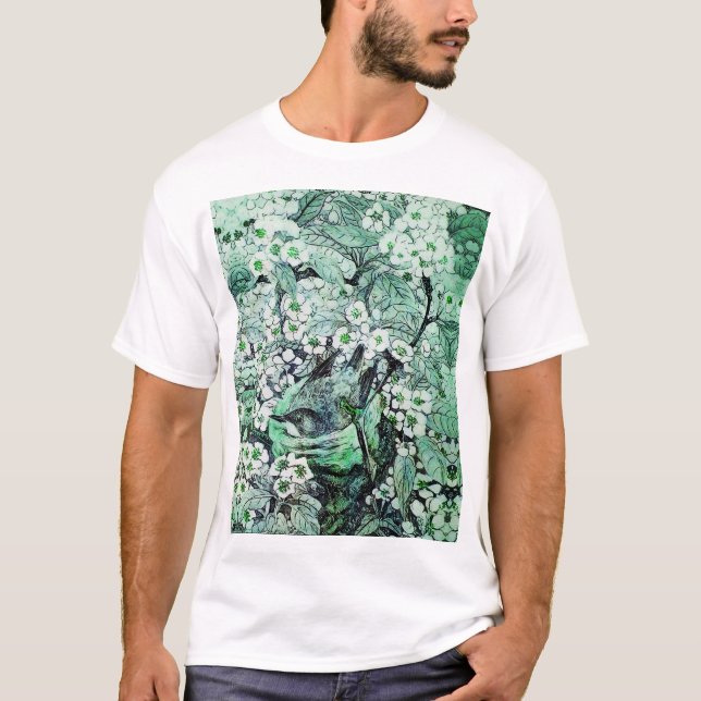 T-SHIRT NID D'OISEAU, ARBRE, FLEURS DE PRINTEMPS BLANC VER (Devant)