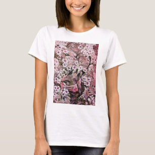 T-SHIRT NID D'OISEAU, ARBRE ROSE FLEURS DE PRINTEMPS BLANC