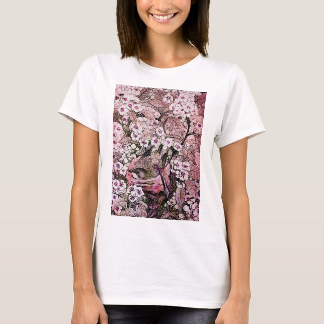 T-SHIRT NID D'OISEAU, ARBRE ROSE FLEURS DE PRINTEMPS BLANC (Devant)