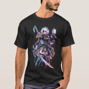 T-shirt NieR Automata 2B Vaporwave Néon Texte Japonais Sur