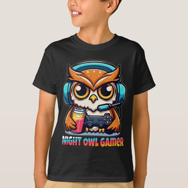 T-shirt Night Owl Gamer Mascot Fun Gaming Illustration (Devant)